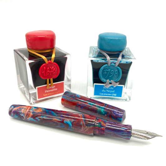 Tailored Pen Company Armageddon Churchill custom Fountain pen. Also pictured are J Herbin Kyanite du Nepal and Rouge Hematite fountain pen ink.